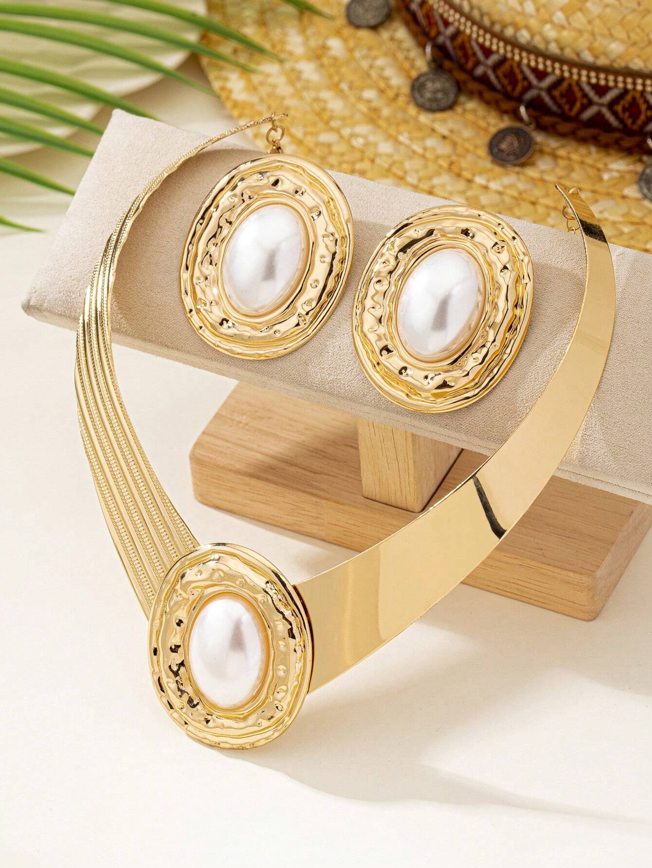 SHEIN 1set Luxury Exaggerated Creative Metal Large Pearl Stud Earrings, Pearl Necklace