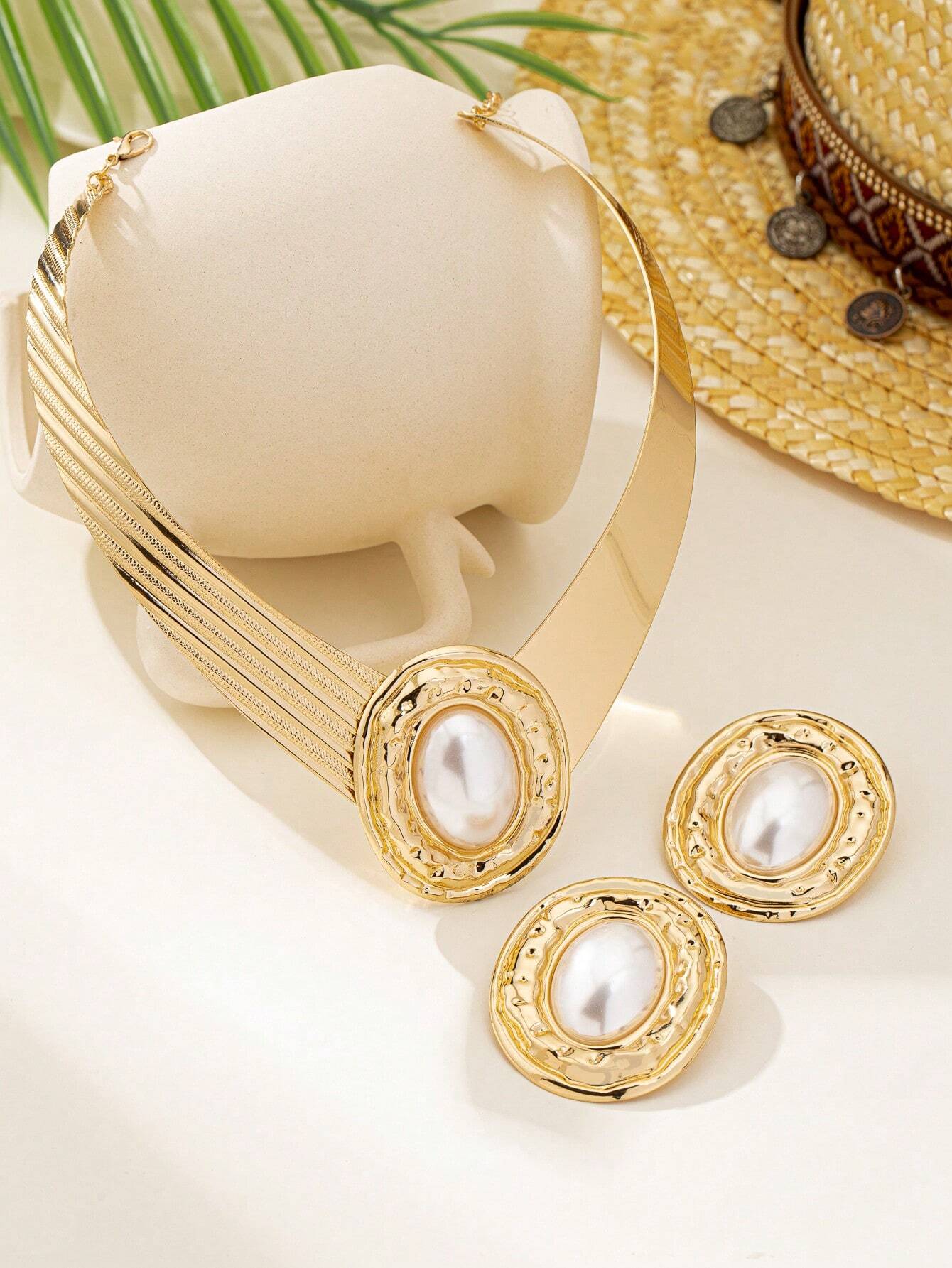 SHEIN 1set Luxury Exaggerated Creative Metal Large Pearl Stud Earrings, Pearl Necklace