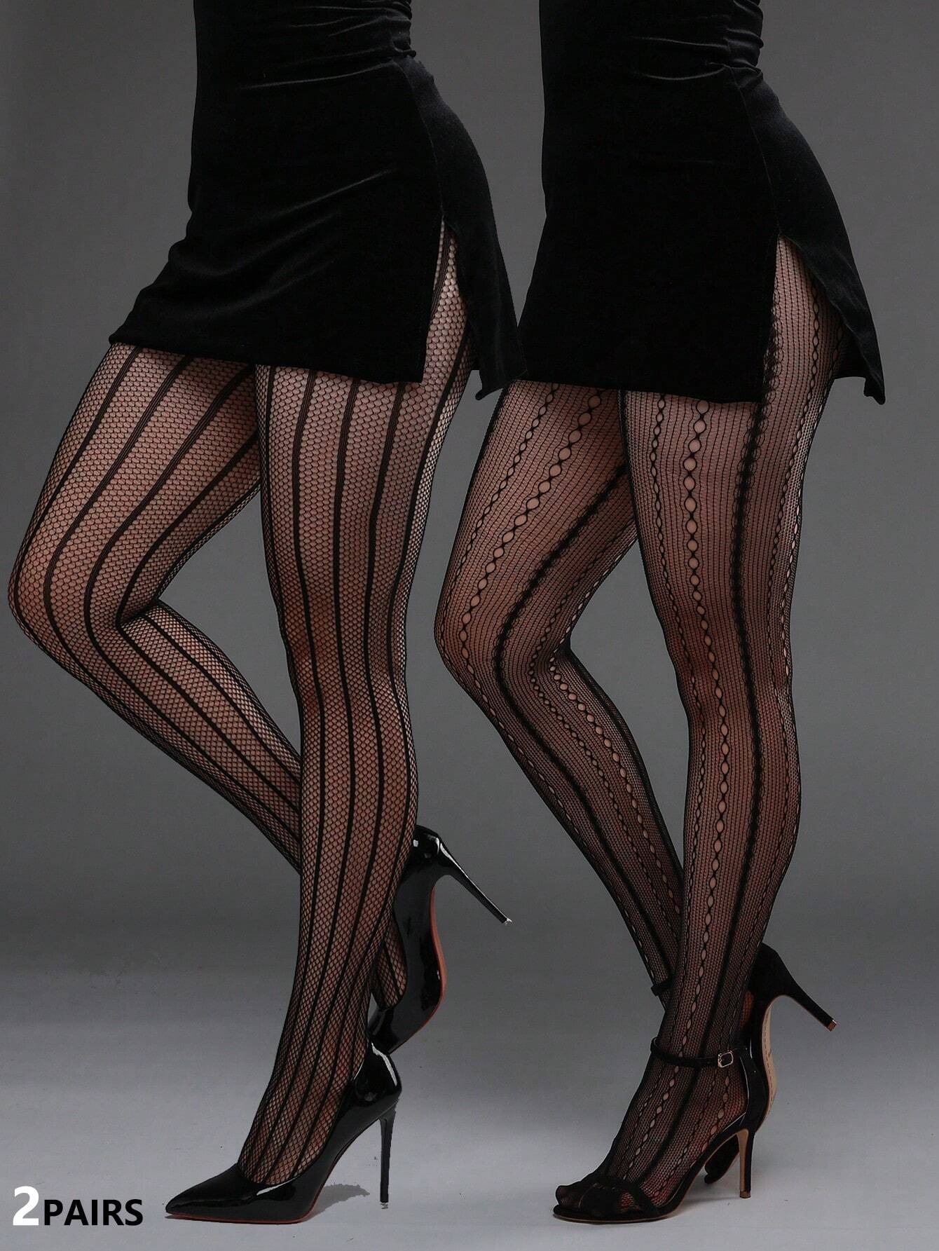SHEIN 2pcs Plus Size Women High Elastic Vertical Striped Fishnet Tight Leggings