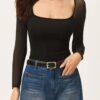 SHEIN Poéselle Women Black Mesh Patchwork Long Sleeve Slim Fit T Shirt