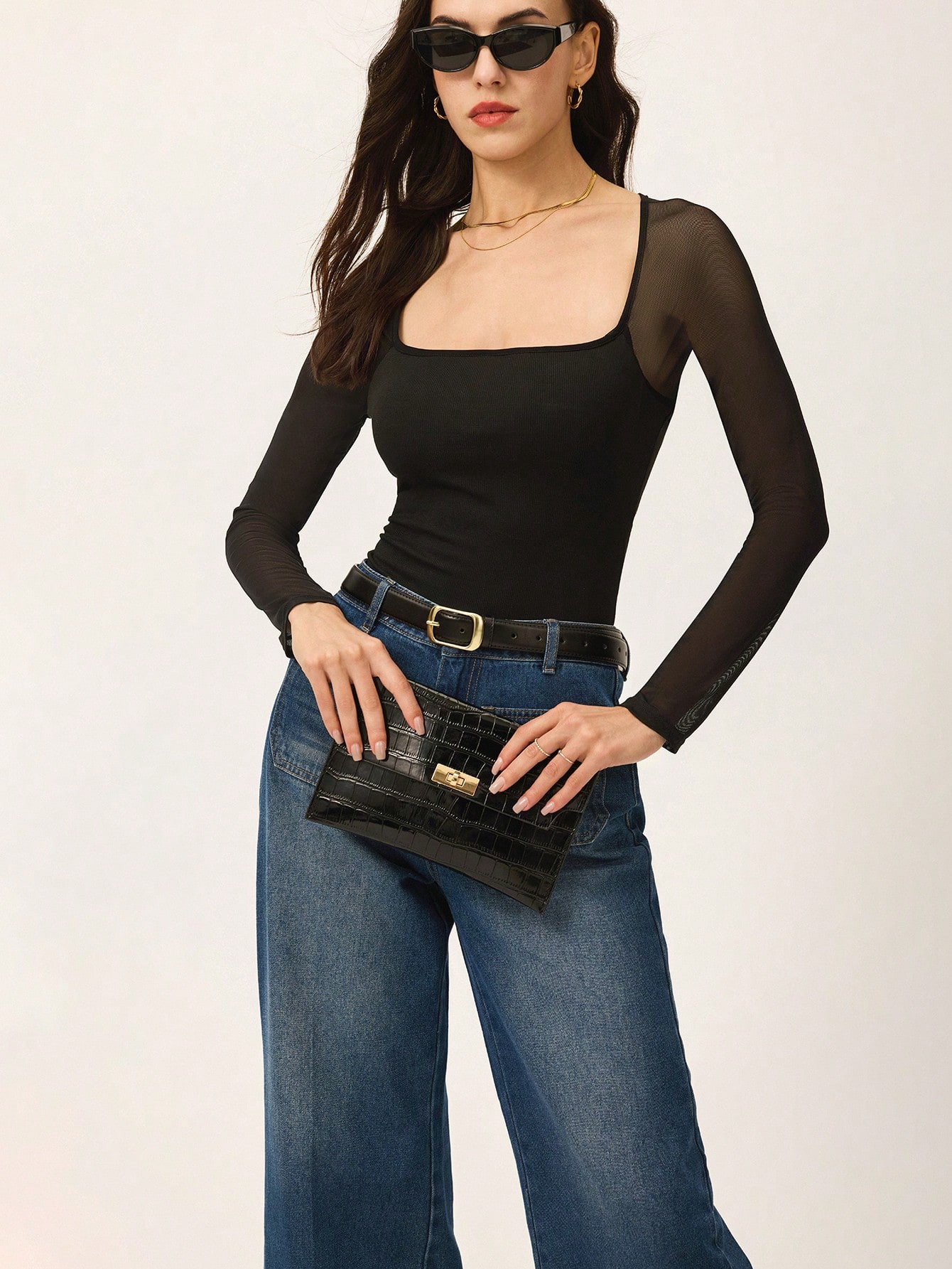 SHEIN Poéselle Women Black Mesh Patchwork Long Sleeve Slim Fit T Shirt