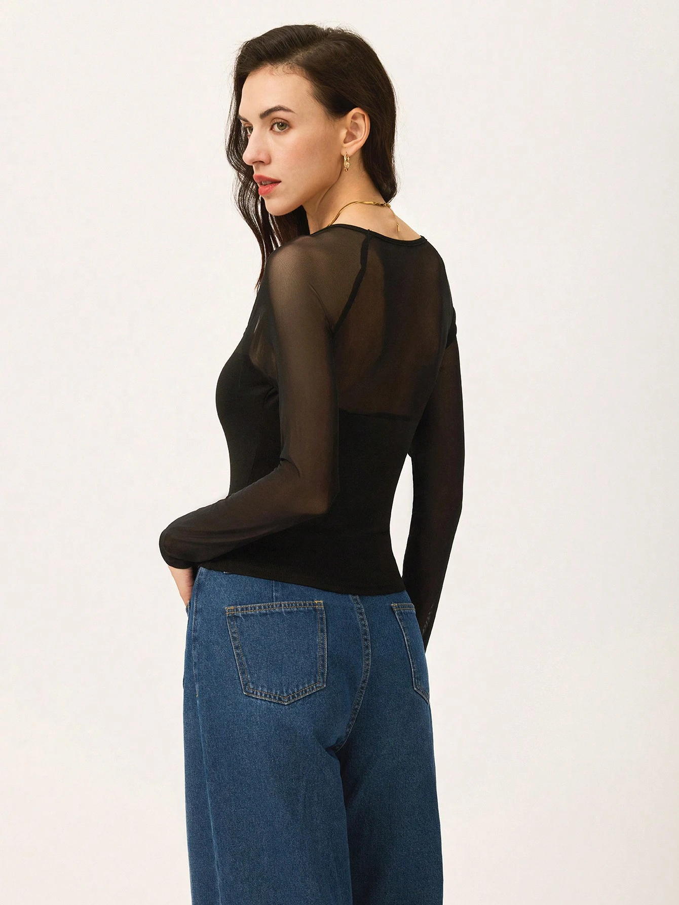 SHEIN Poéselle Women Black Mesh Patchwork Long Sleeve Slim Fit T Shirt