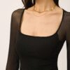 SHEIN Poéselle Women Black Mesh Patchwork Long Sleeve Slim Fit T Shirt