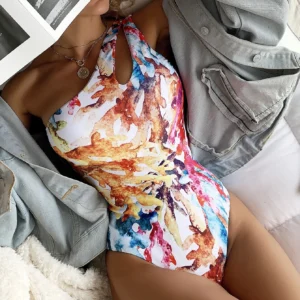 SHEIN Swim Summer Beach Allover Graphic One Shoulder One Piece Swimsuit