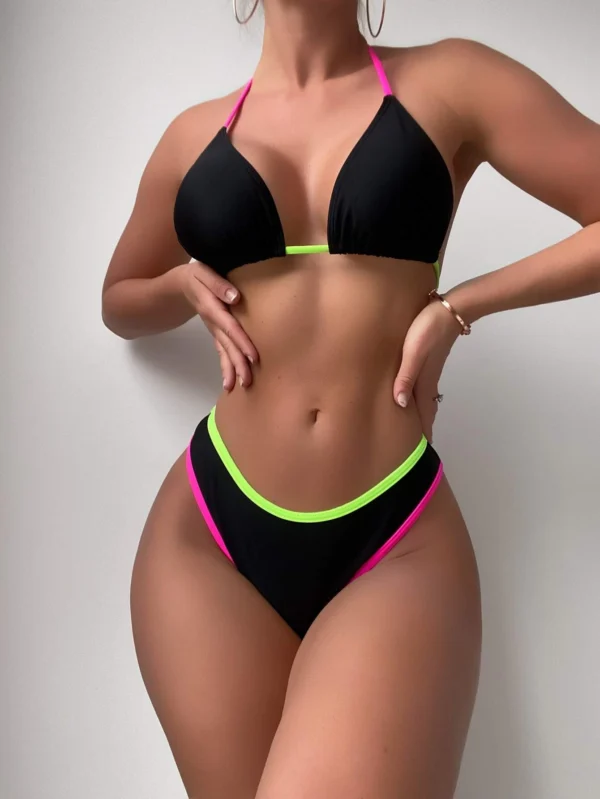 SHEIN Swim Summer Beach Contrast Binding Tie Back Halter Bikini