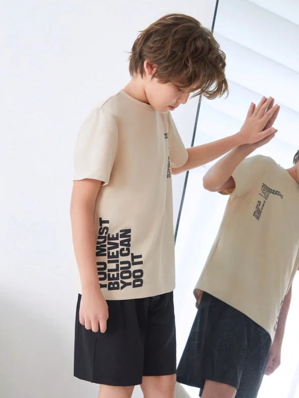 SHEIN Tween Boy Summer Simple Casual Letter Printed Short Sleeve T-Shirt And Shorts