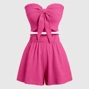 SHEIN Sweetra Women's Solid Color Lace Trim Tube Top With Slim Fit Shirred Crop Top And Skirt Two Piece Set