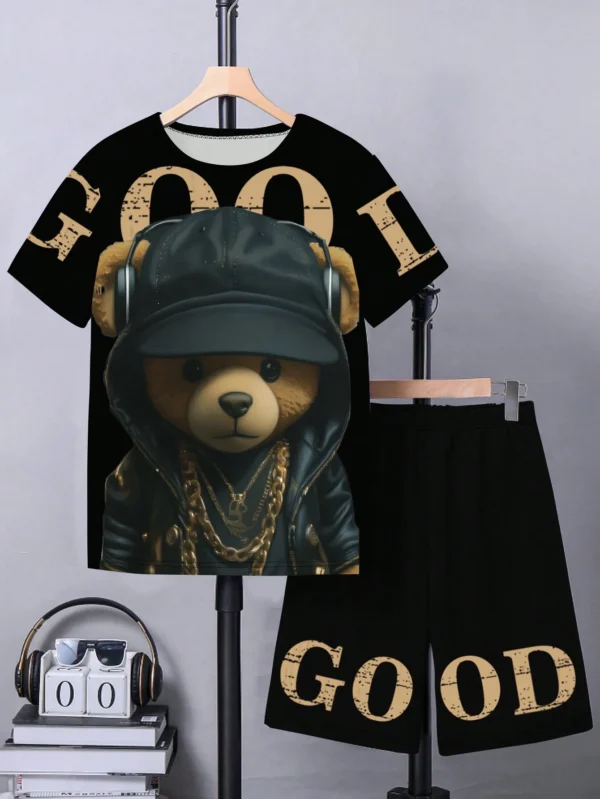SHEIN Tween Boy Cool Headphone Bear & Letter Digital Print 2pcs