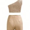 SHEIN Women's Summer Fashion Glitter One Shoulder Top With Wrapped Asymmetric Hem Mini Skirt Set
