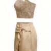 SHEIN Women's Summer Fashion Glitter One Shoulder Top With Wrapped Asymmetric Hem Mini Skirt Set