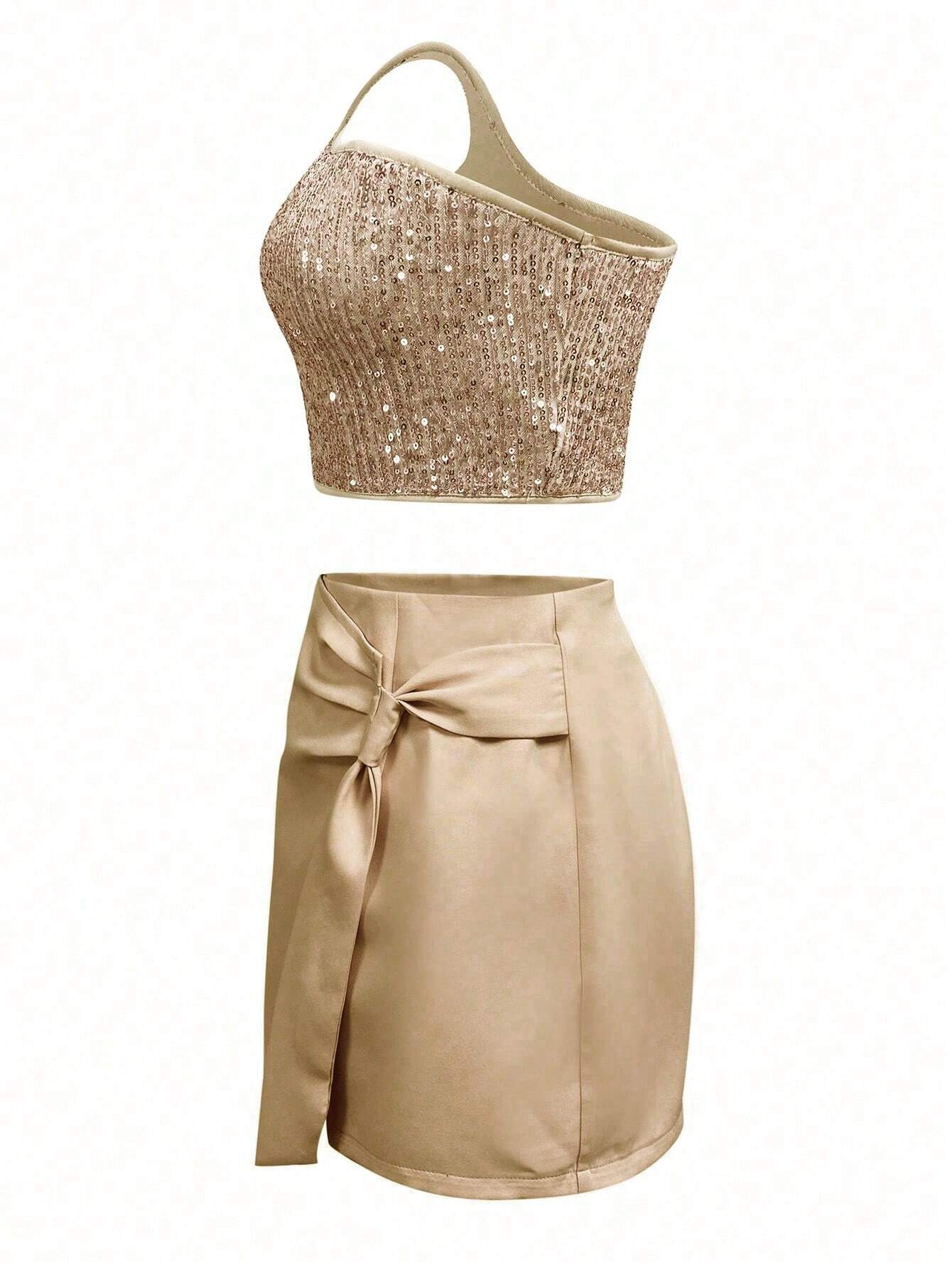 SHEIN Women's Summer Fashion Glitter One Shoulder Top With Wrapped Asymmetric Hem Mini Skirt Set