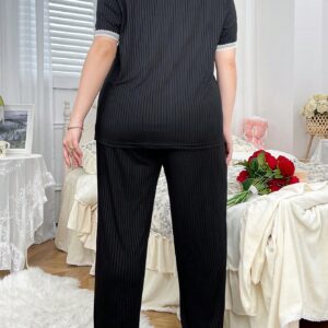 SHEIN Contrast Color Lace Trim Bow Decor Knit Pajama Set