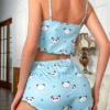 SHEIN CoupledUp Panda Print Lettuce Trim Bow Front PJ Set