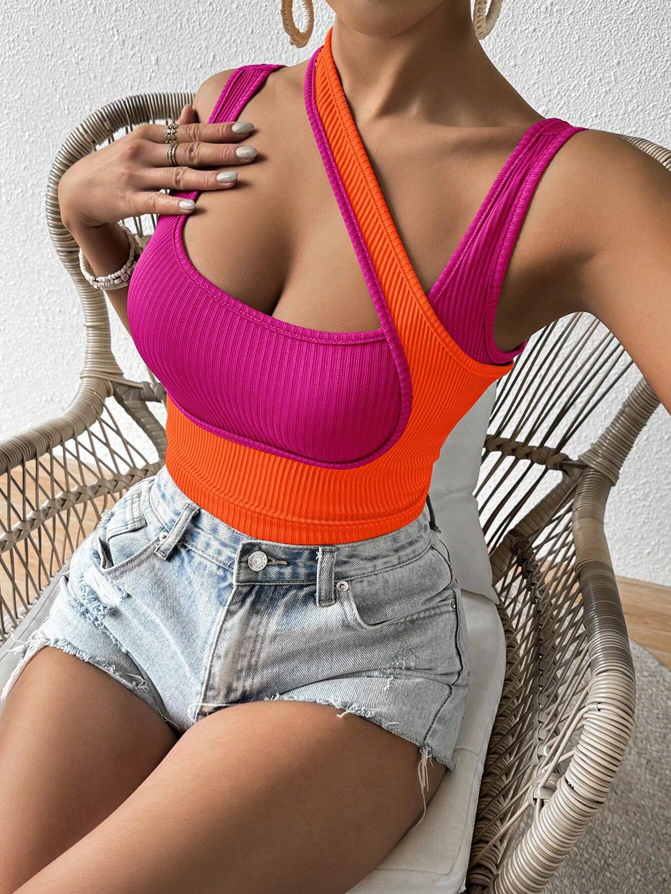 SHEIN Rafferiza Women's Fashionable Color-Block Asymmetrical Camisole Top