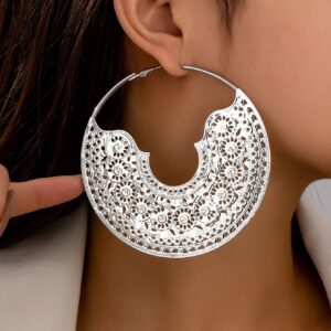 SHEIN Vintage Oversized Hollow Floral Pattern Totem Metal Geometric Drop Hoop Earrings