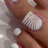 SHEIN Short Square Toe French Shiny White Shell Pattern Stylish Pressure Fit Ladies Toe Nail