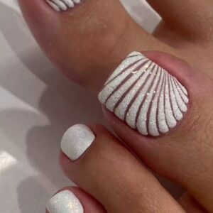 SHEIN Short Square Toe French Shiny White Shell Pattern Stylish Pressure Fit Ladies Toe Nail