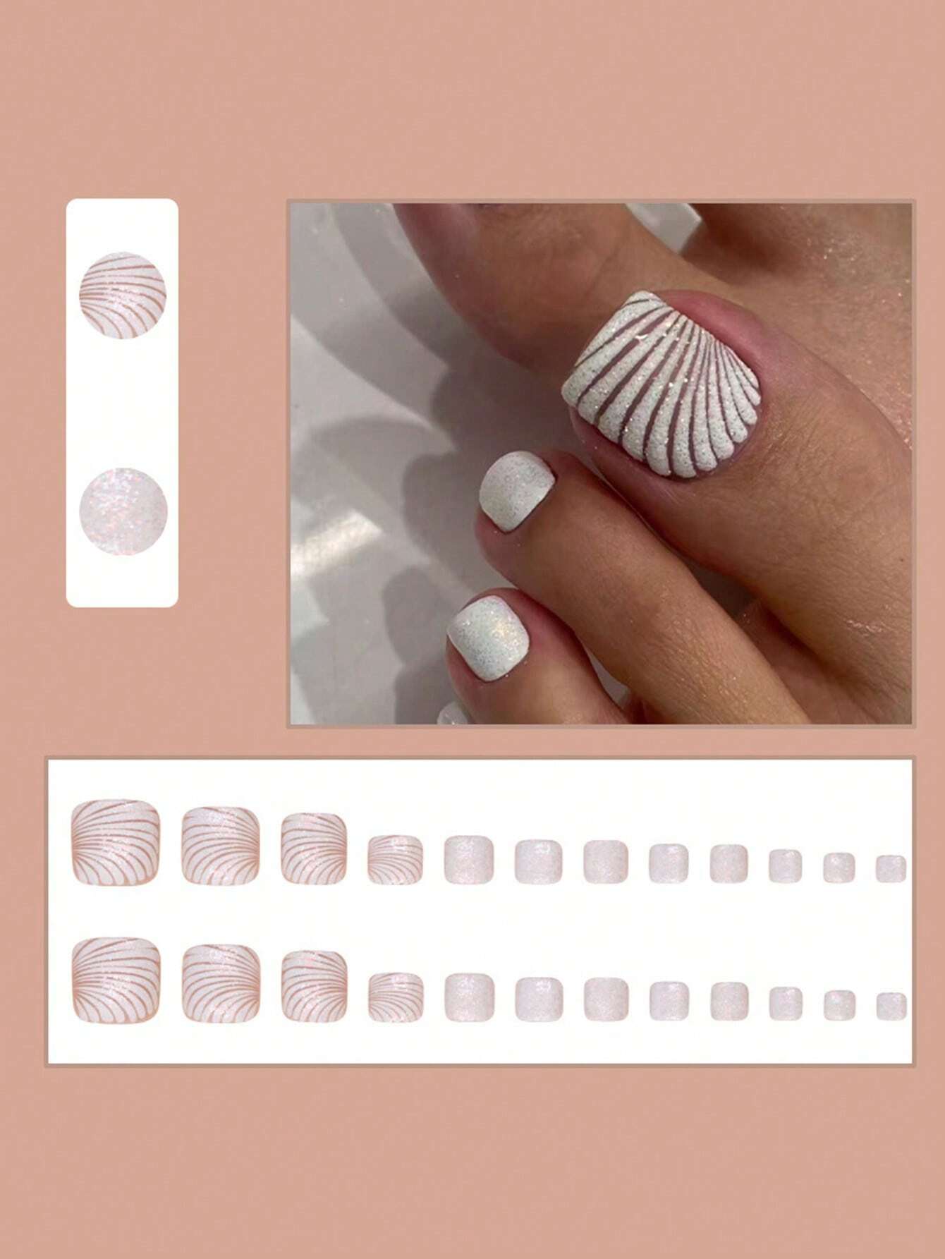 SHEIN Short Square Toe French Shiny White Shell Pattern Stylish Pressure Fit Ladies Toe Nail