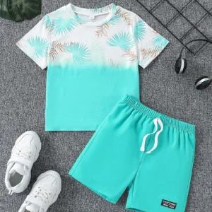 SHEIN 2pcs/Set Young Boy Casual Tropical Plant Print Short Sleeve Crew Neck Top