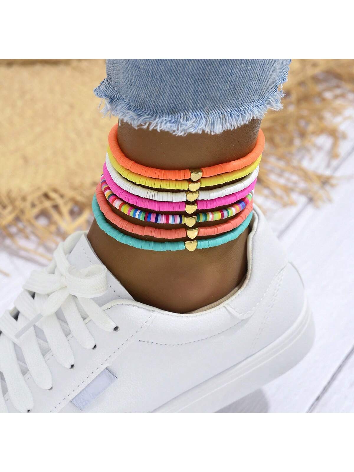 SHEIN 7pcs/Set Bohemian Style Random Color Polymer Clay Heart Beaded Anklet