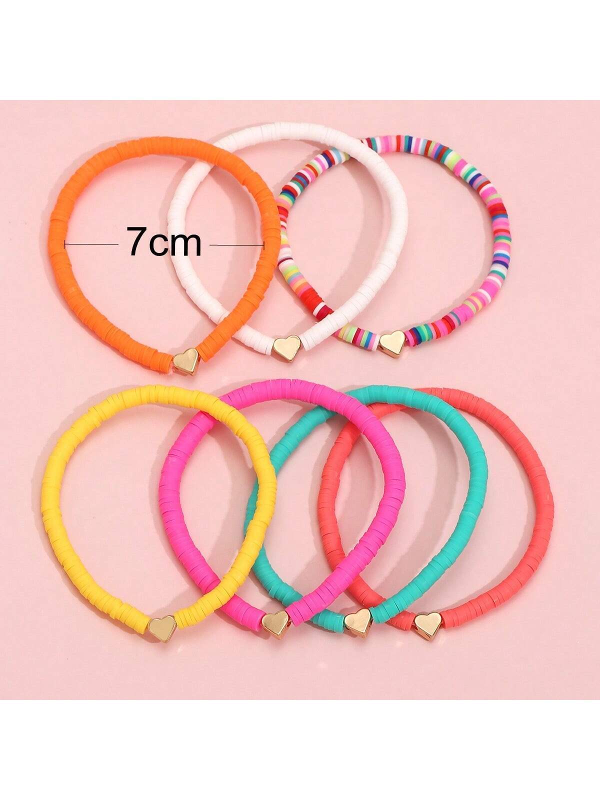 SHEIN 7pcs/Set Bohemian Style Random Color Polymer Clay Heart Beaded Anklet