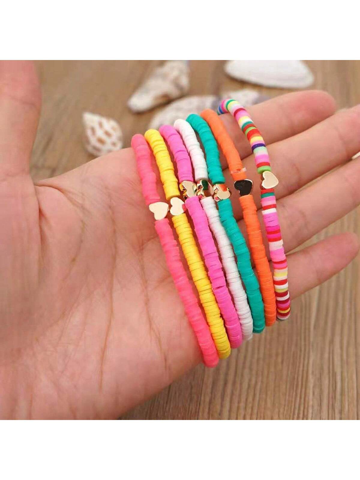 SHEIN 7pcs/Set Bohemian Style Random Color Polymer Clay Heart Beaded Anklet