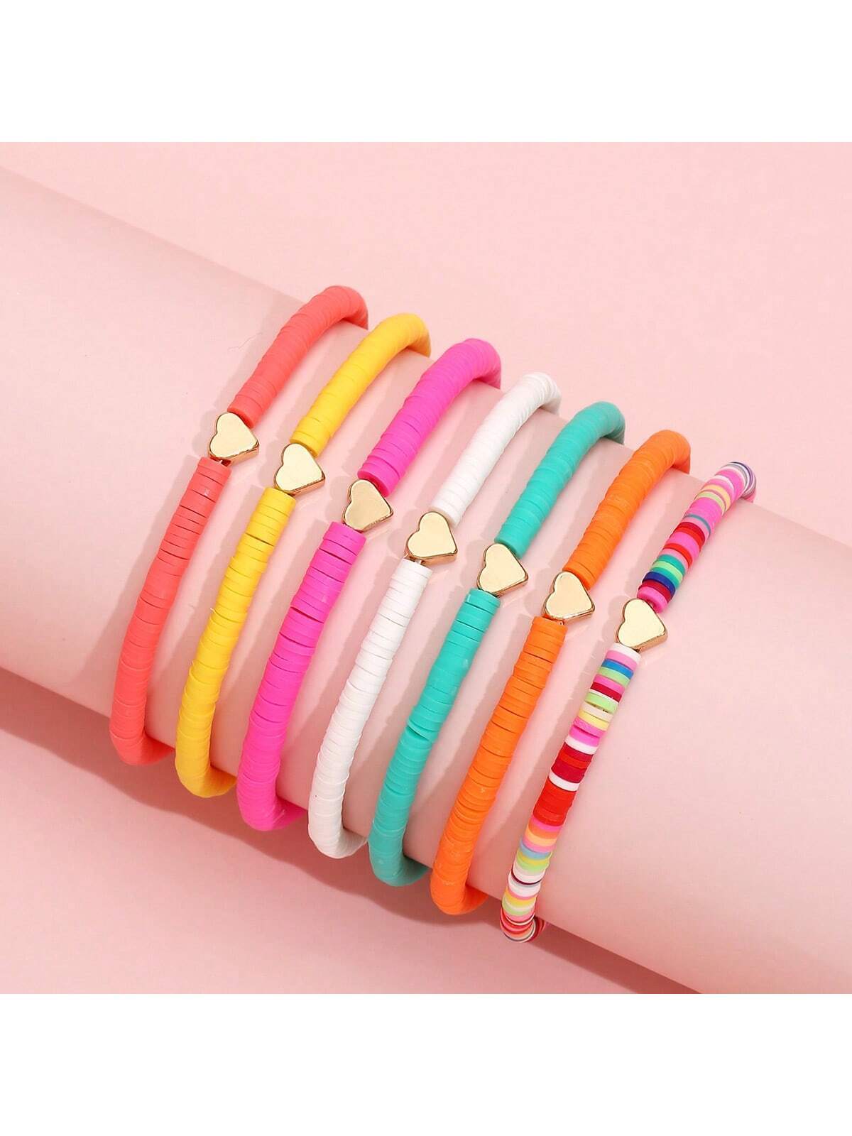 SHEIN 7pcs/Set Bohemian Style Random Color Polymer Clay Heart Beaded Anklet