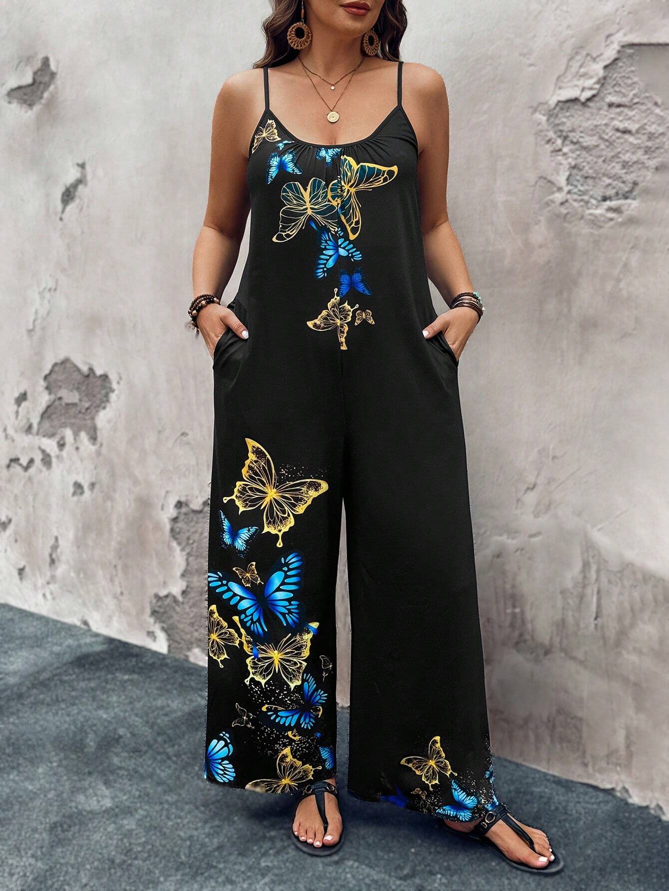 SHEIN Luneh Butterfly Printed Jumpsuit With Pockets, Plus Size