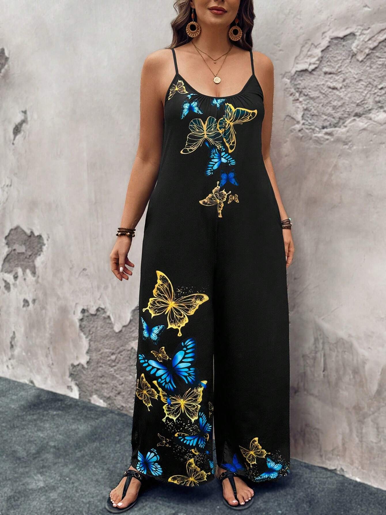 SHEIN Luneh Butterfly Printed Jumpsuit With Pockets, Plus Size