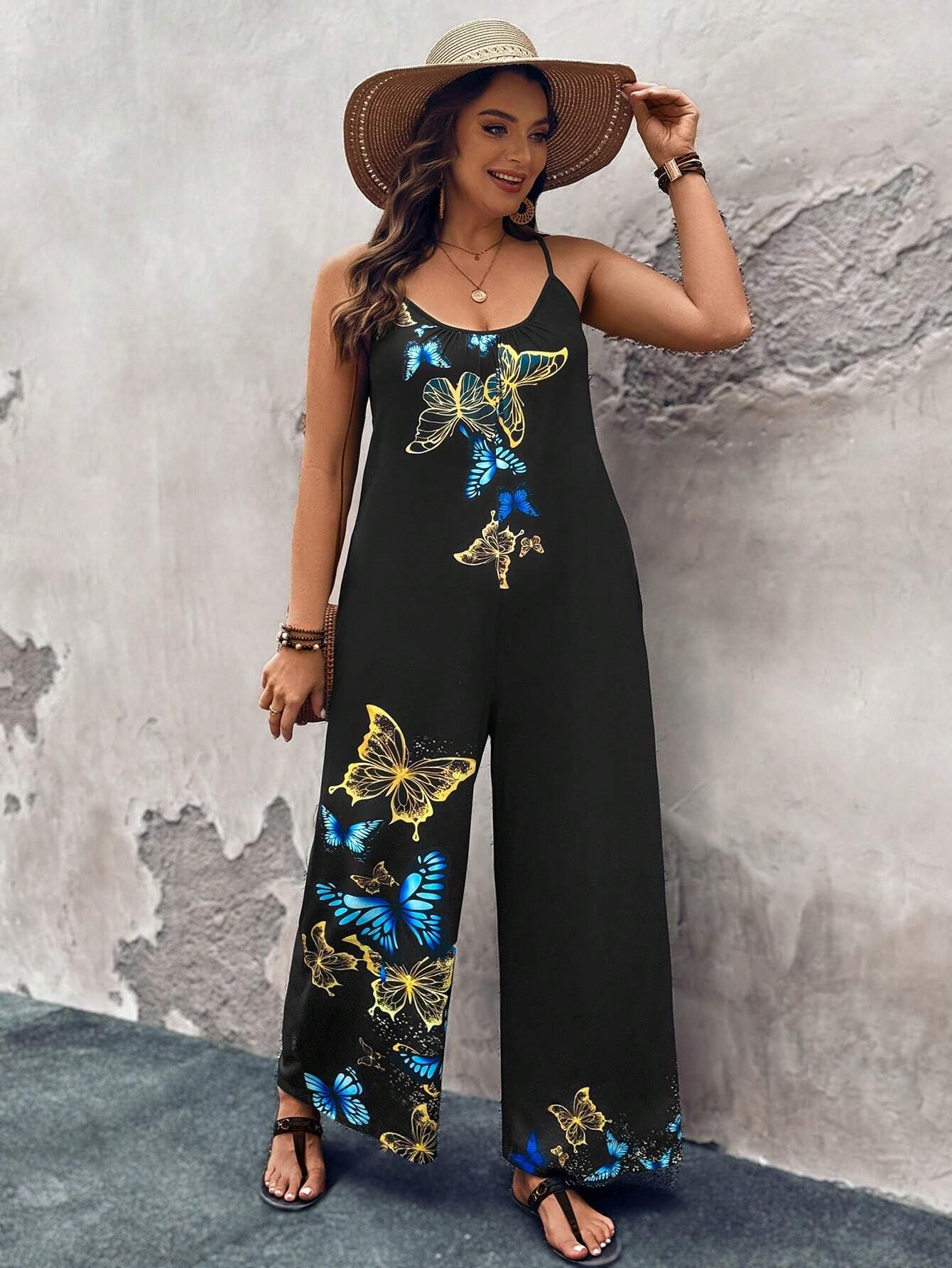 SHEIN Luneh Butterfly Printed Jumpsuit With Pockets, Plus Size