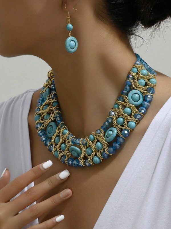 SHEIN Luxury Boho Style Synthetic Crystal & Turquoise Braided Necklace