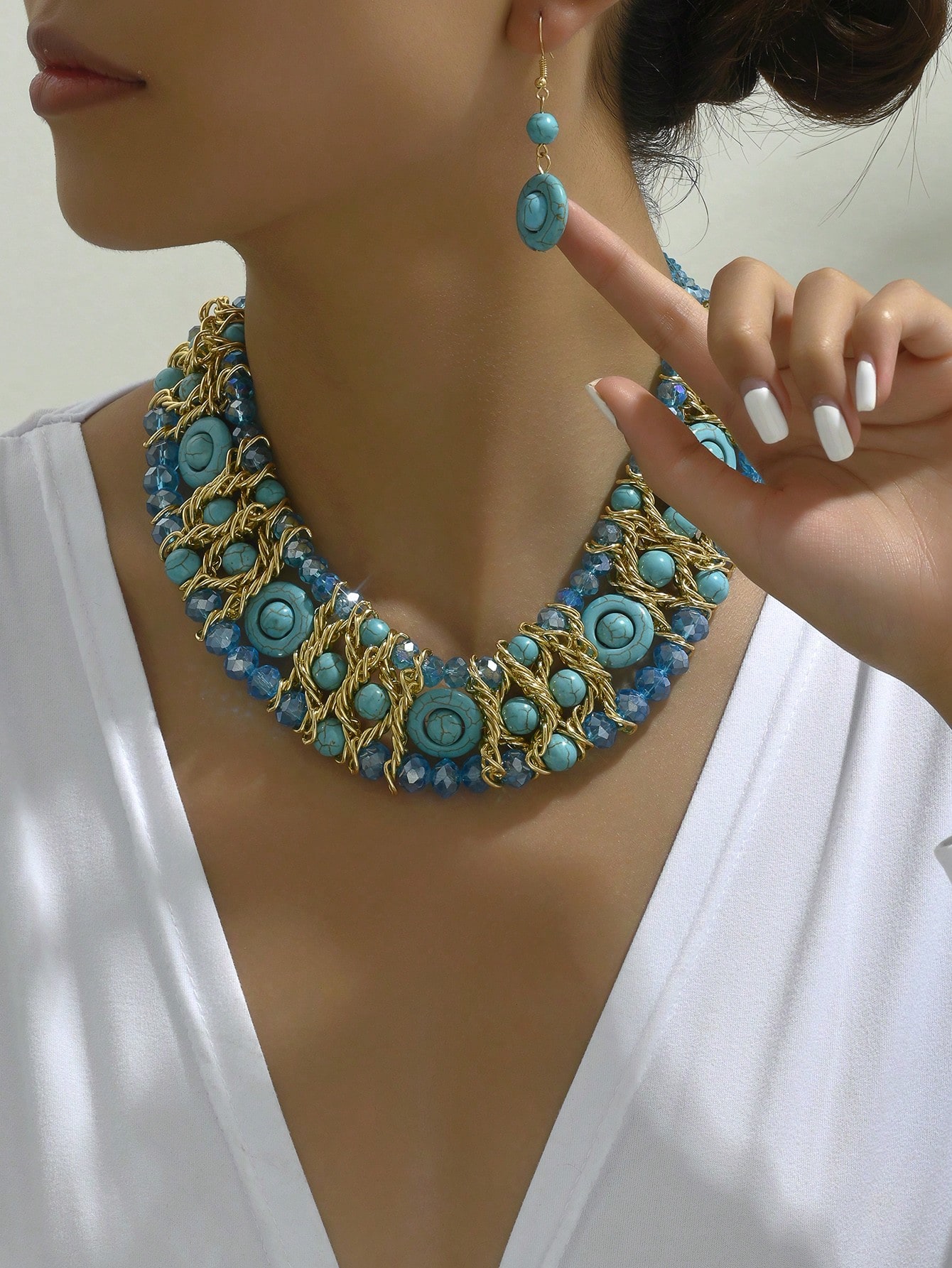 SHEIN Luxury Boho Style Synthetic Crystal & Turquoise Braided Necklace
