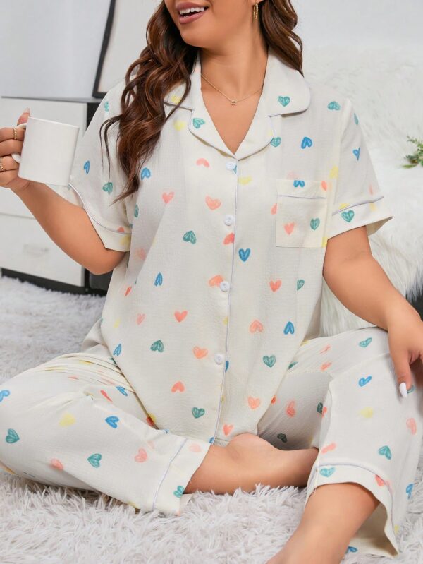 SHEIN Plus Heart Print Contrast Piping PJ Set Pajama Set