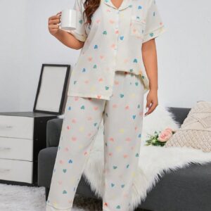 SHEIN Plus Heart Print Contrast Piping PJ Set Pajama Set