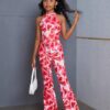 SHEIN SLAYR KIDS Tween Girl Casual Red Heart Printed Tank Top & Flared Long Two-Piece Set