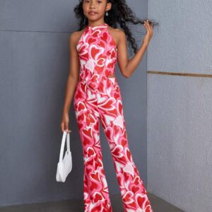 SHEIN SLAYR KIDS Tween Girl Casual Red Heart Printed Tank Top & Flared Long Two-Piece Set