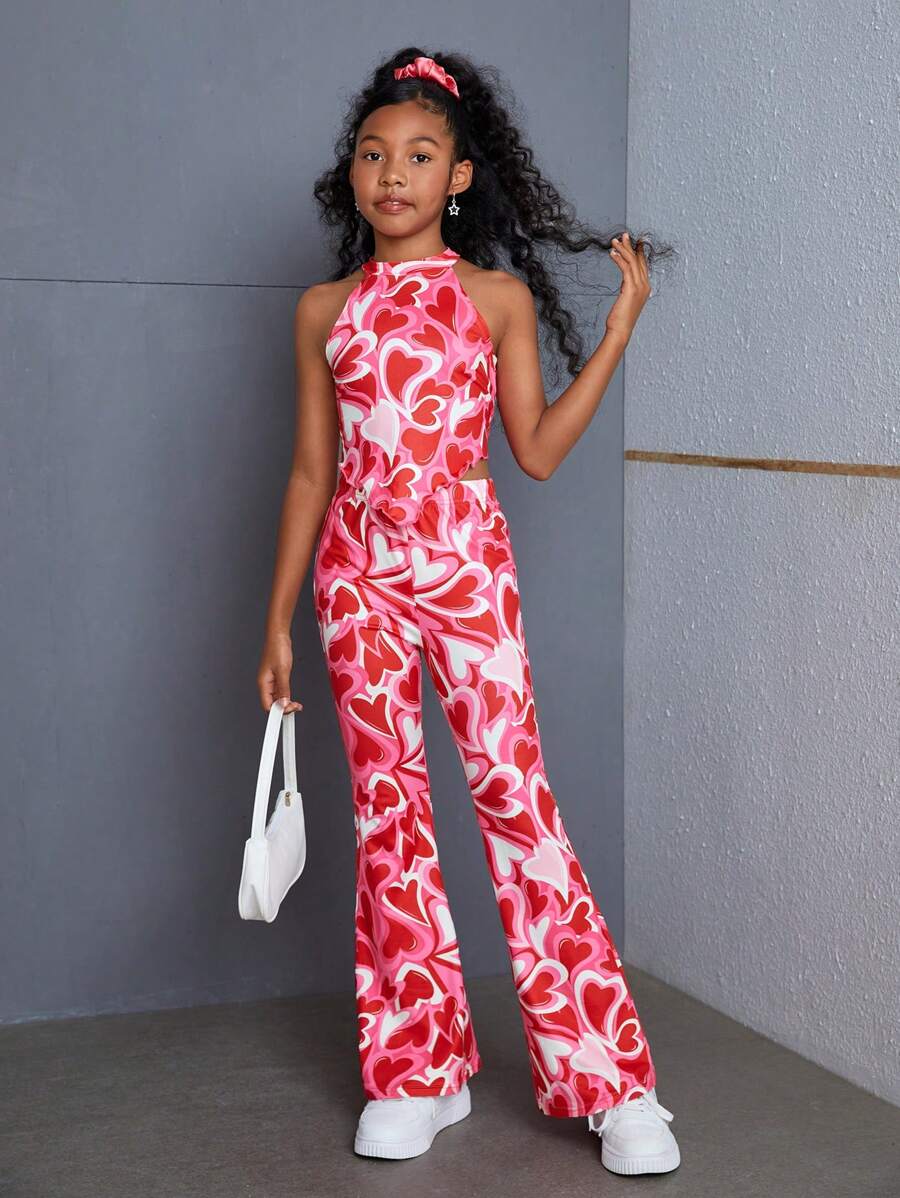 SHEIN SLAYR KIDS Tween Girl Casual Red Heart Printed Tank Top & Flared Long Two-Piece Set