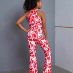 SHEIN SLAYR KIDS Tween Girl Casual Red Heart Printed Tank Top & Flared Long Two-Piece Set