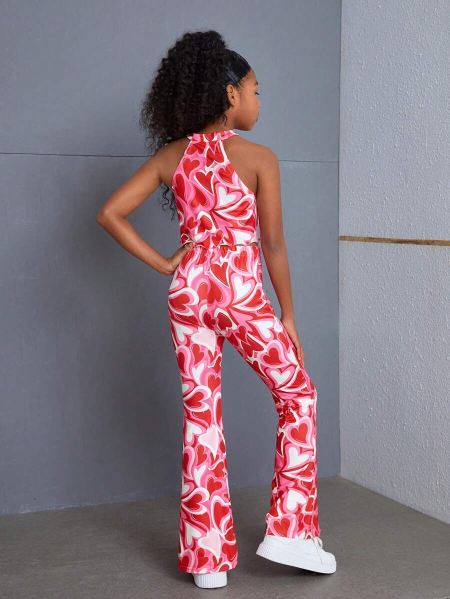 SHEIN SLAYR KIDS Tween Girl Casual Red Heart Printed Tank Top & Flared Long Two-Piece Set