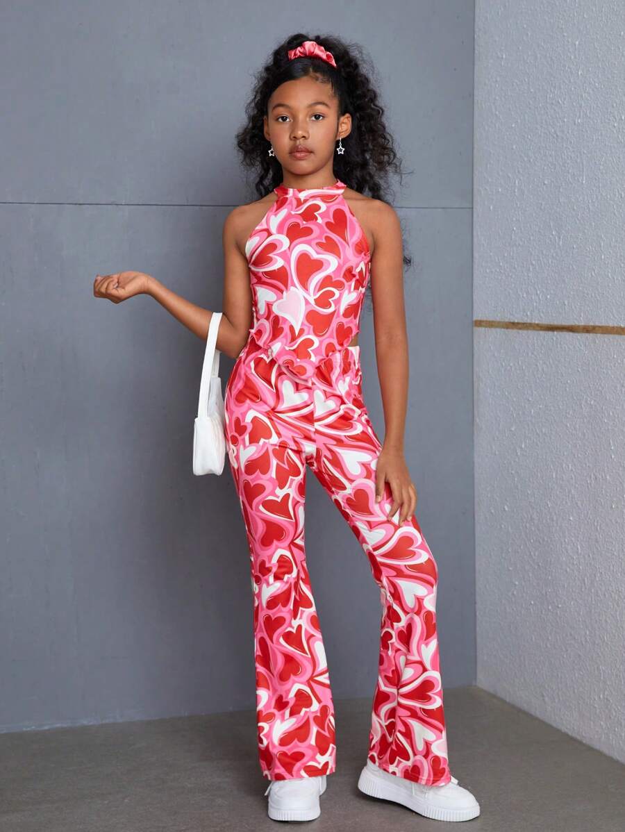 SHEIN SLAYR KIDS Tween Girl Casual Red Heart Printed Tank Top & Flared Long Two-Piece Set