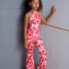 SHEIN SLAYR KIDS Tween Girl Casual Red Heart Printed Tank Top & Flared Long Two-Piece Set