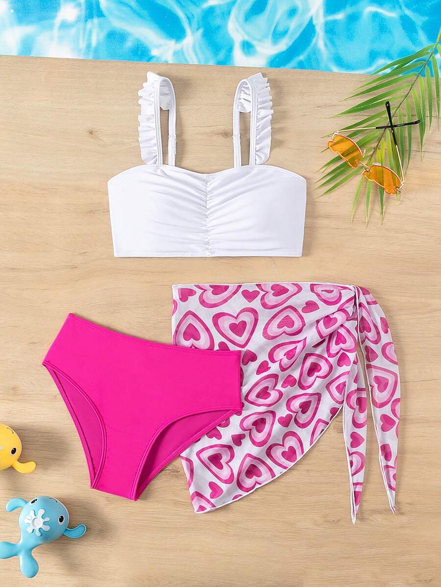 SHEIN Young Girl Heart Flower Patterned Bikini Set 3-Piece Set