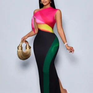 SHEIN SOLERSUN Women's Ombre Color Block Asymmetric Neckline Dress