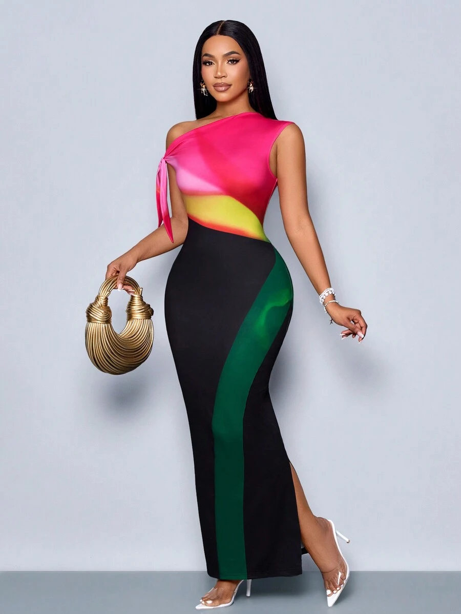 SHEIN SOLERSUN Women's Ombre Color Block Asymmetric Neckline Dress