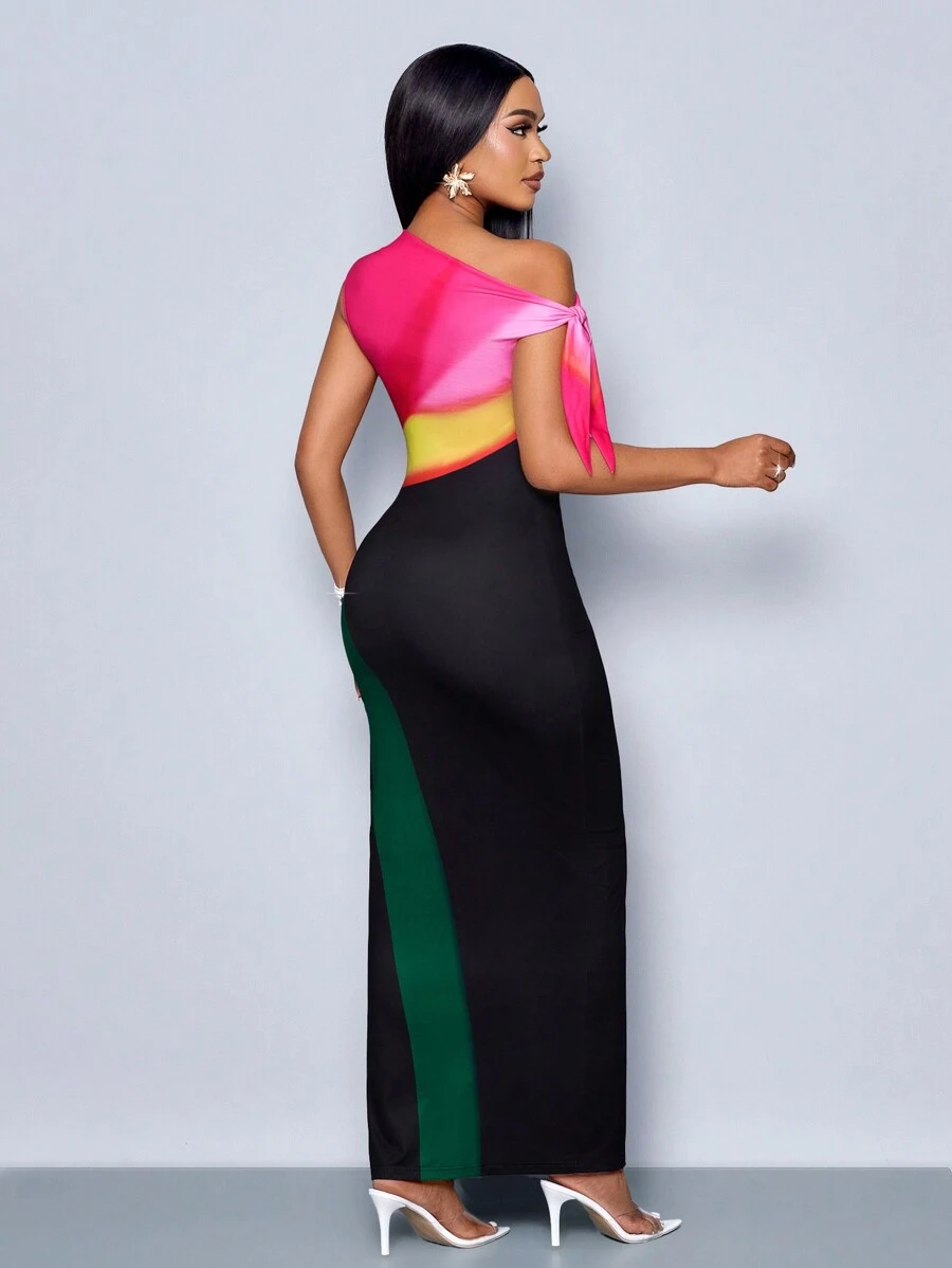 SHEIN SOLERSUN Women's Ombre Color Block Asymmetric Neckline Dress