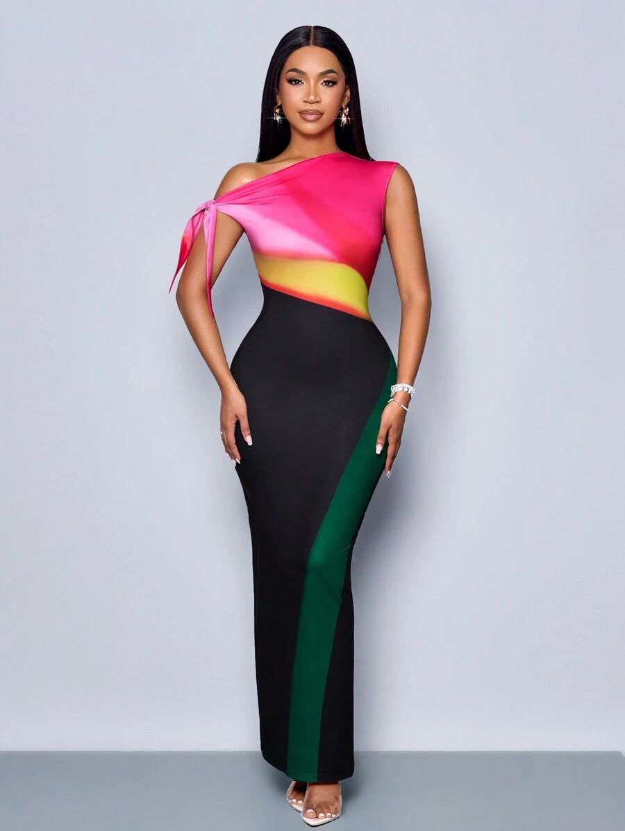 SHEIN SOLERSUN Women's Ombre Color Block Asymmetric Neckline Dress