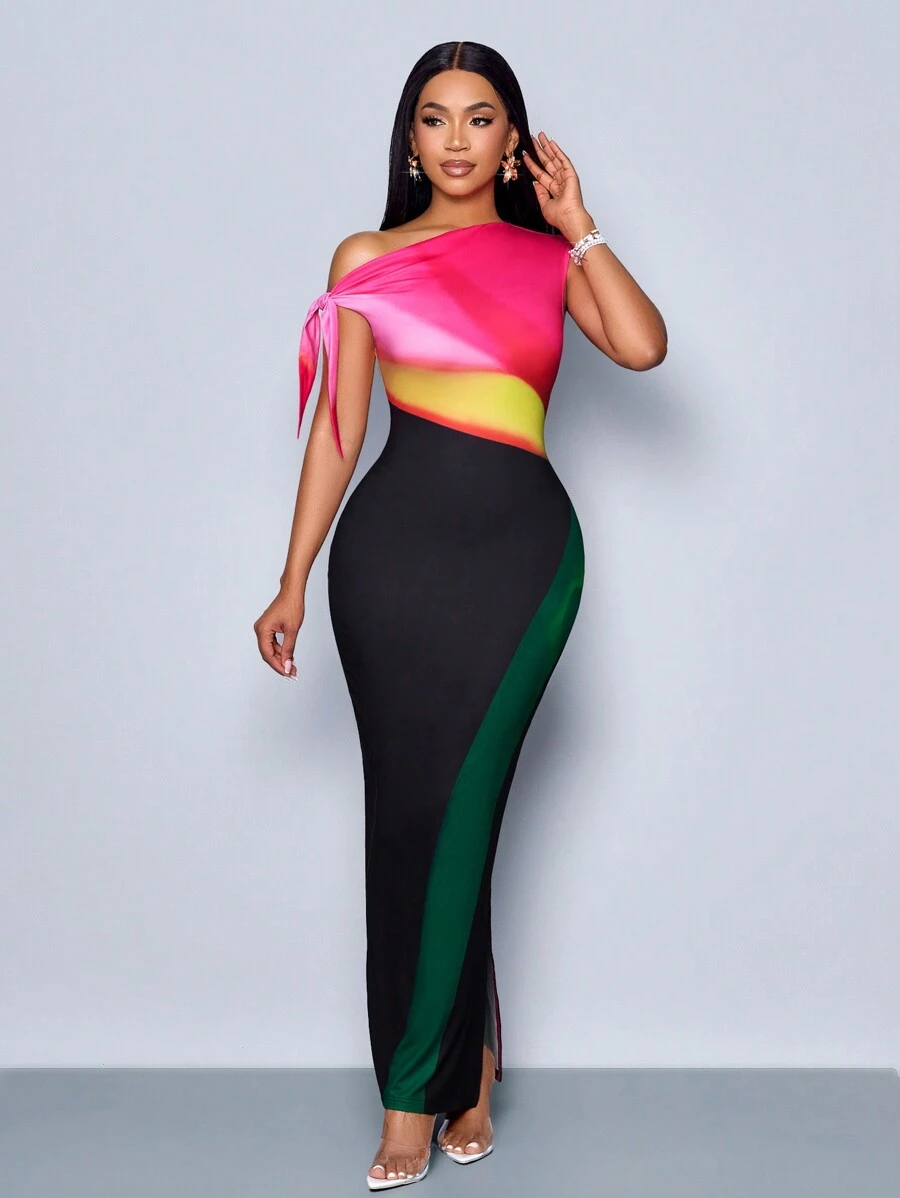 SHEIN SOLERSUN Women's Ombre Color Block Asymmetric Neckline Dress