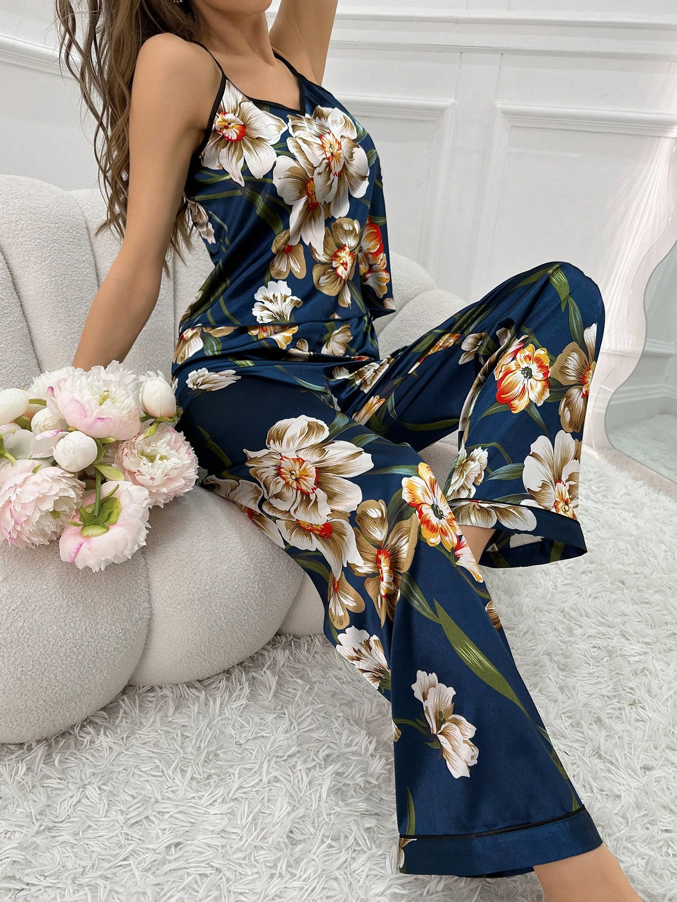 SHEIN Women's Floral Printed Satin Cami Top & Pants Pajama Set