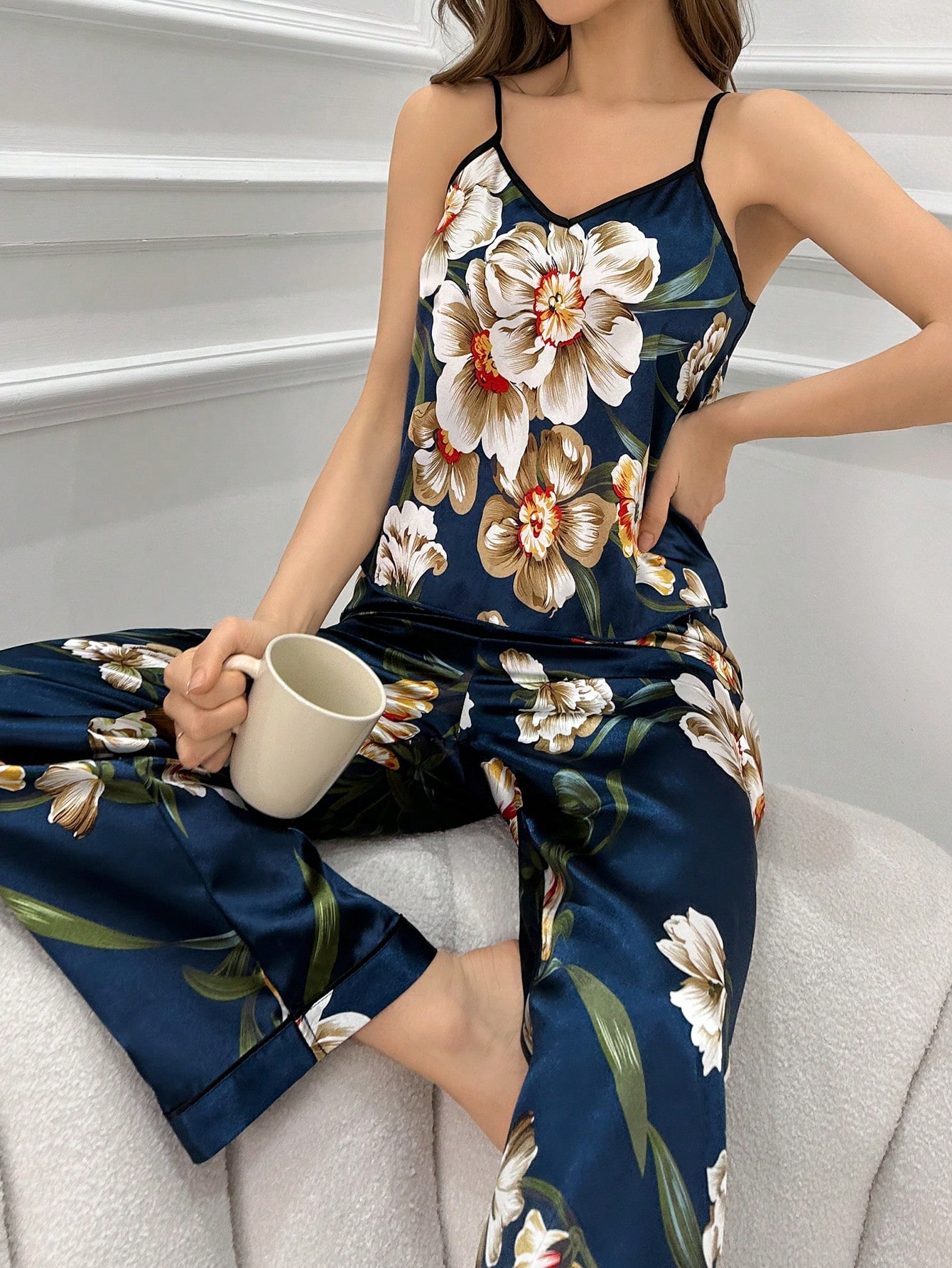 SHEIN Women's Floral Printed Satin Cami Top & Pants Pajama Set