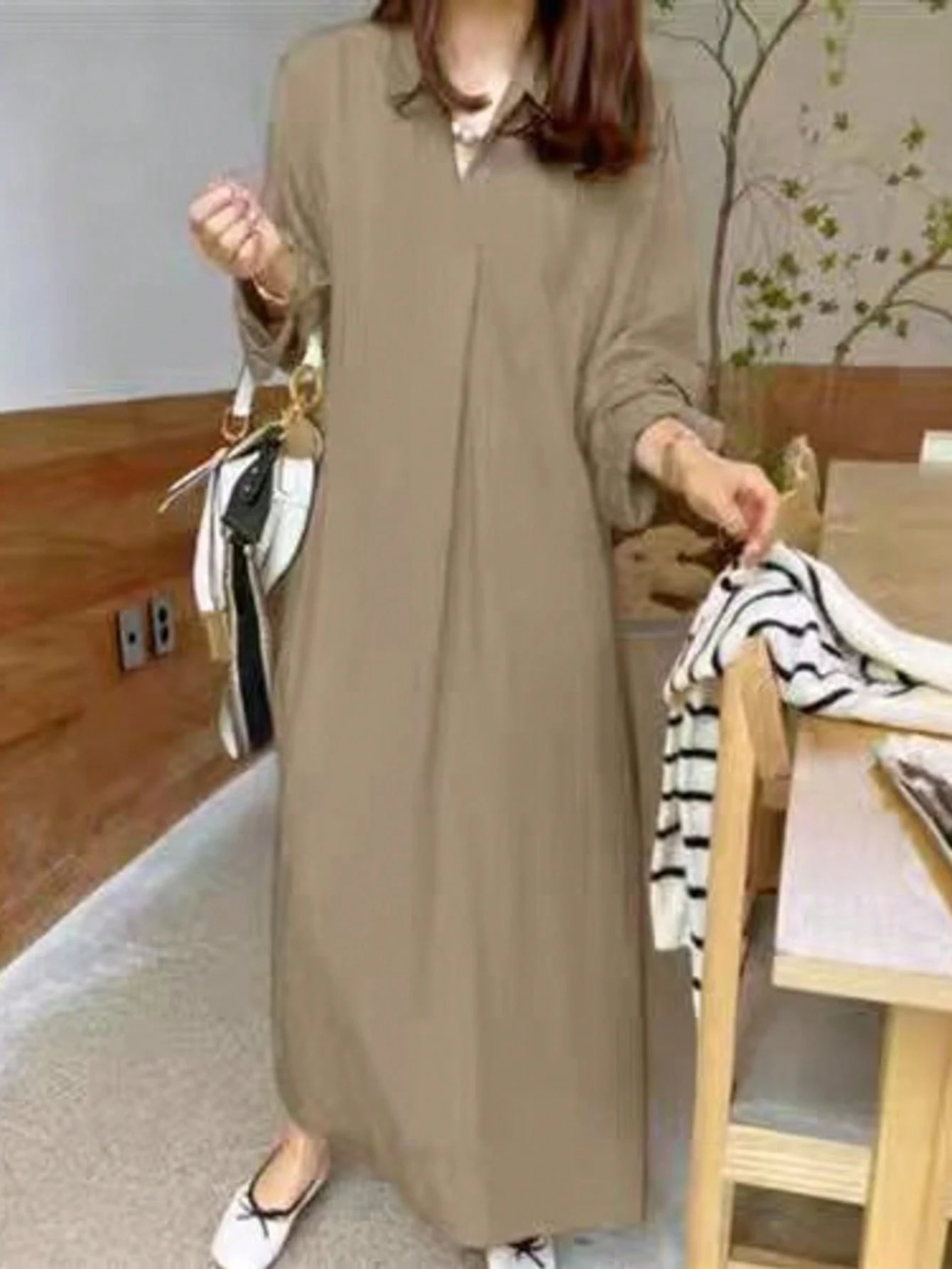 SHEIN Women's Solid Color Long Sleeve Loose Casual Long Dress